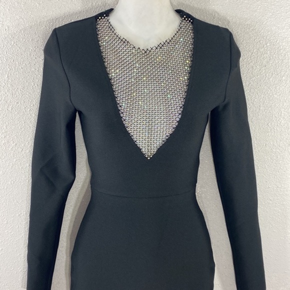 NWT Bella Barnett Black Plunge Mesh Rhinestone Mini Cocktail Dress XS OO21 - Picture 7 of 16